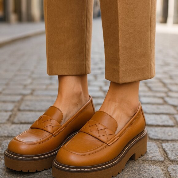 Nordstrom Cognac Brown Leather Woven Loafer Platform Lug Sole Women 8.5 Wide NEW - Picture 1 of 8